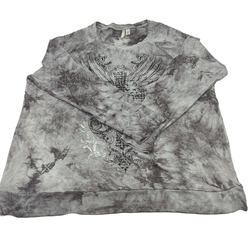Est 1946 Womens Gray Tie Dye Winged Cross Rhinestone Graphic Top Size 18/20W